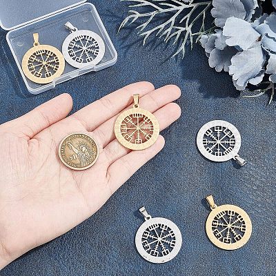 Unicraftale 6Pcs 2 Colors 304 Stainless Steel Norse Viking Compass Amulet Pendants STAS-UN0038-27-1