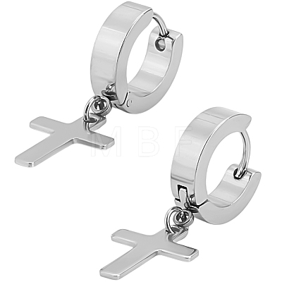 2Pcs 304 Stainless Steel Cross Hoop Earrings for Women EJEW-LP0001-12P-1