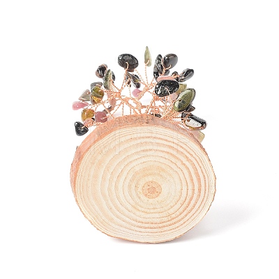 Natural Tourmaline Chips with Brass Wrapped Wire Money Tree on Wood Base Display Decorations DJEW-B007-05H-1