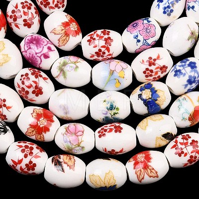 Floral Printed Porcelain Beads Strands PORC-L005-A-M-1