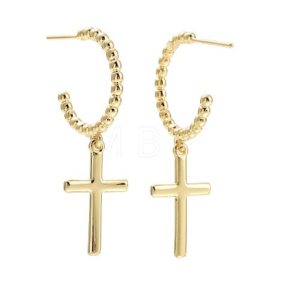 C-Shape with Cross Dangle Stud Earrings Brass Long Drop Half Hoop Earrings for Women EJEW-E167-01G-1