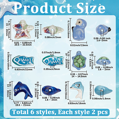 12Pcs 6 Styles Animals Handmade Porcelain Beads PORC-PA0001-59-1