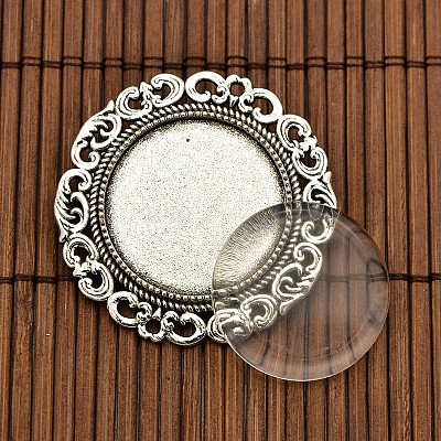 25mm Transparent Glass Cabochons and Flat Round Tibetan Style Brooch Cabochon Settings DIY-X0188-AS-NR-1