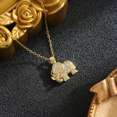 Brass Micro Pave Clear Cubic Zirconia Elephant Pendant 201 Stainless Steel Cable Chain Necklaces for Women WGE2C96-01-1
