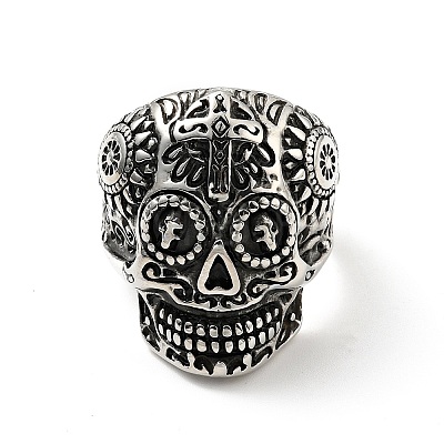 316 Stainless Steel Skull with Cross Finger Ring RJEW-C030-02D-AS-1