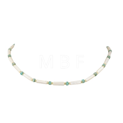 Natuarl Freshwater Shell Column & Natural Amazonite & Round Electroplate Synthetic Non-magnetic Hematite Beaded Necklaces NJEW-JN06552-1