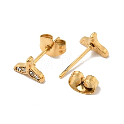 Ion Plating(IP) Rhinestone Whale Tail Shape Stud Earrings with 316 Surgical Stainless Steel Pins EJEW-A081-07G-02-1