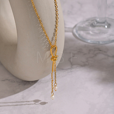 Minimalist Stainless Steel and Water Drop Natural Freshwater Pearl Knot Tassel Pendant Necklaces for Women DX0351-1-1