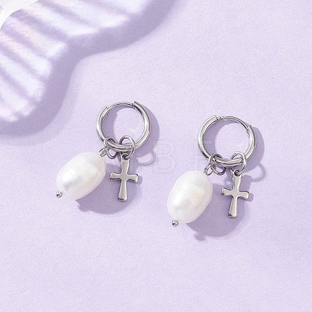Natural Cultured Freshwater Pearl Rice with Cross Hoop Earrings EJEW-JE06744-1