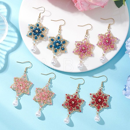 Dyed Natural Malaysia Jade & Glass Seed Beaded Flower with Teardrop Dangle Earrings EJEW-MZ00710-1