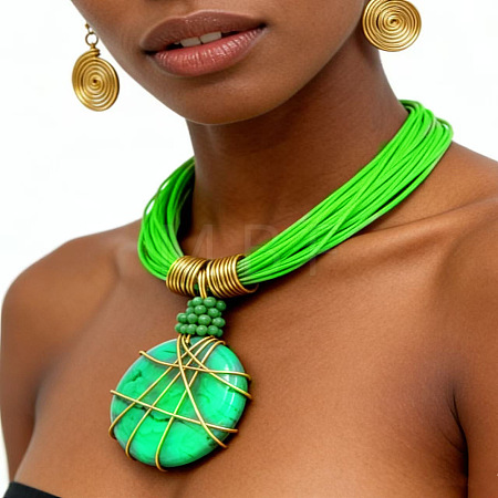 Wire-Wrapped Alloy Resin & Waxed Cord Multi-Strand Necklace & Spiral Earrings Set for Women WG77E48-02-1