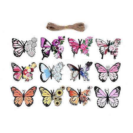 12Pcs UV Single Face Printed Wood Butterfly Pendant Decorations WOOD-N020-11-1