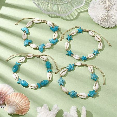 Natural Mixed Cowrie Shell with Synthetic Turquoise Beaded Anklets AJEW-AN00596-1