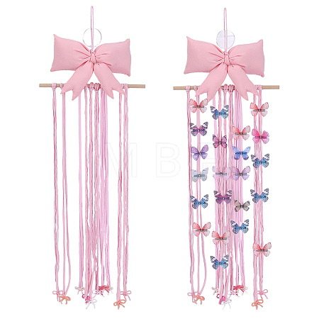 Polyester Bowknot & Wood Hair Clips Storage Hangers with Yarn AJEW-WH0596-944-1