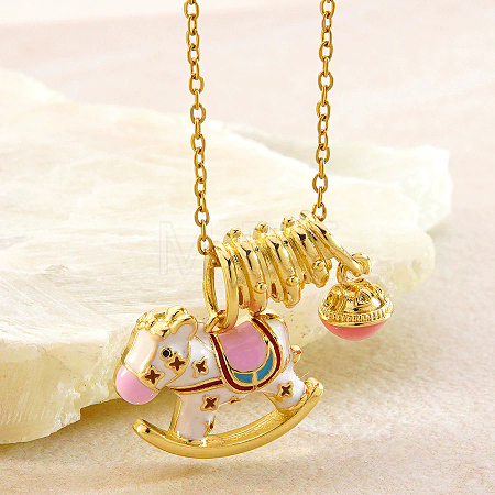 304 Stainless Steel Enamel Pink Coin Horse Pendant Necklaces for Women NJEW-K306-01G-1