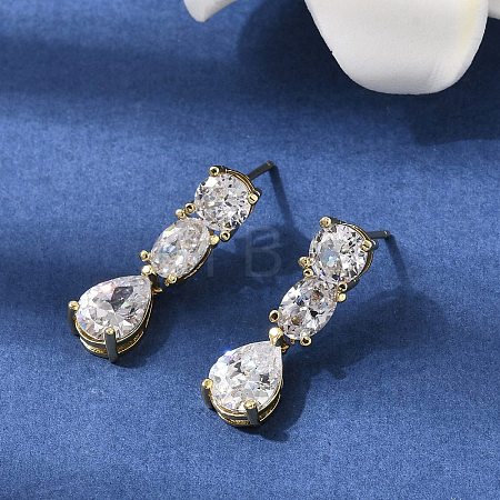 Teardrop Brass Micro Pave Clear Cubic Zirconia Dangle Stud Earrings EJEW-H180-14G-1