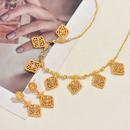 Vintage Ethnic Style Alloy Zircon Hollow Floral Filigree Charm Necklace & Stud Earring Sets for Women JI8843-1