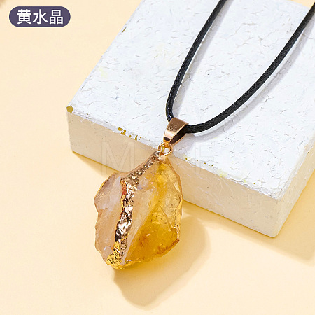 Electroplated Raw Natural Citrine Neggets Pendant Black Wax Cord Necklaces FS-WG48460-11-1