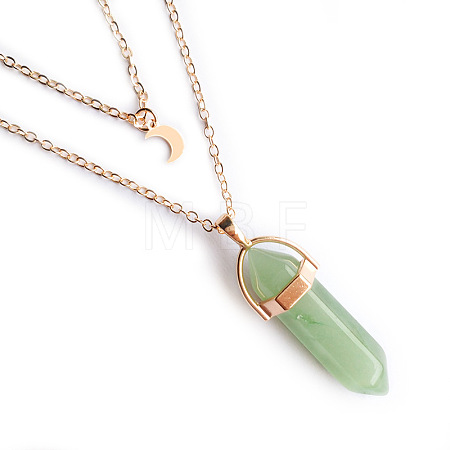 Natural Green Aventurine Double Terminated Pointed Bullet & Moon Alloy Pendant Double Layer Necklaces for Women WGAD714-03-1