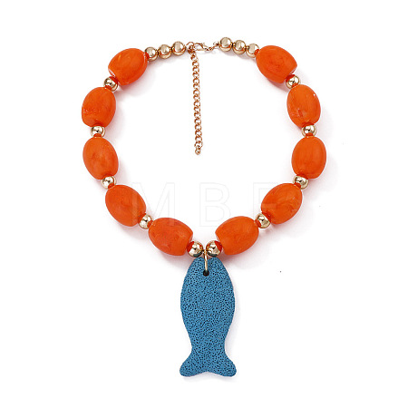 Bohemian Dyed Natural Lava Rock Dodger Blue Fish Shaped Pendant Resin Barrel Beaded Necklaces with Alloy End Chains for Women WGC0D2D-01-1