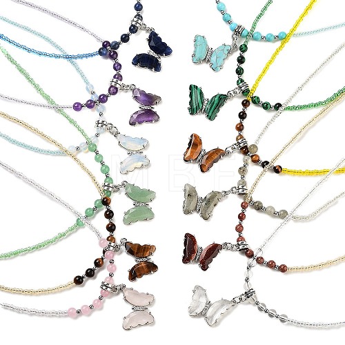 Natural & Synthetic Mixed Gemstone Faceted Butterfly  Pendant Necklaces NJEW-G143-01-1