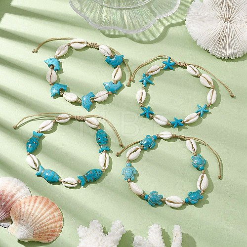 Natural Mixed Cowrie Shell with Synthetic Turquoise Beaded Anklets AJEW-AN00596-1