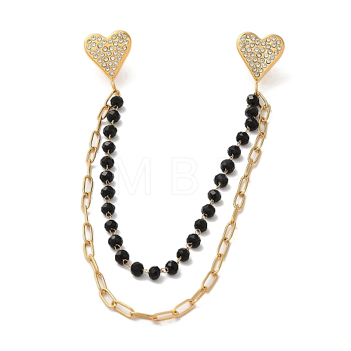 304 Stainless Steel Micro Pave Clear Cubic Zirconia & Dyed Black Stone Heart Hanging Chain Brooch JEWB-S021-06G-1