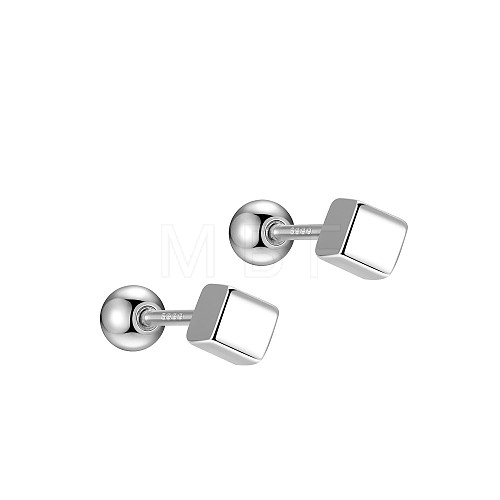 Anti-Tarnish Cube Rhodium Plated 999 Sterling Silver Earlobe Plugs for Women EJEW-S215-25P-01-1