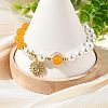 Brass Micro Pave Clear Cubic Zirconia Sun Charm Natural Dyed Malaysia Jade and Shell Pearl Round Beaded Bracelets BJEW-JB14348-2