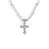 Religion Two Tone Alloy Cross Pendant Synthetic Hematite Chip Beaded Necklaces for Men WG8791E-01-5