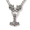 304 Stainless Steel Wolf Head King Wheat Chain Viking Mjolnir Thor Hammer Pendant Necklaces for Men NJEW-K278-05AS-1