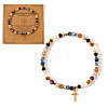 Natural Stone and Glass Faceted Rondelle Beaded Stretch Bracelets with Brass Religion Cross Charms for Women KR8721-3-1