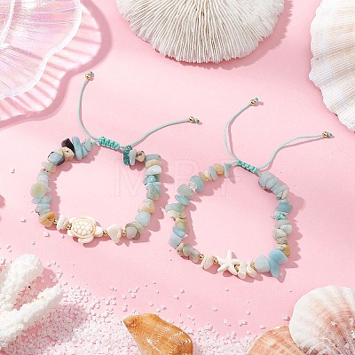 2Pcs Natural Flower Amazonite Chip Braided Bead Bracelets BJEW-JB11541-04-1