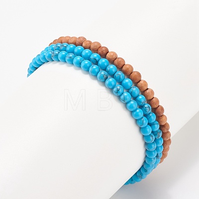 3Pcs 3 Style Natural Wood & Synthetic Turquoise(Dyed) & Hematite Stretch Bracelets Set BJEW-JB07994-1