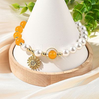Brass Micro Pave Clear Cubic Zirconia Sun Charm Natural Dyed Malaysia Jade and Shell Pearl Round Beaded Bracelets BJEW-JB14348-1