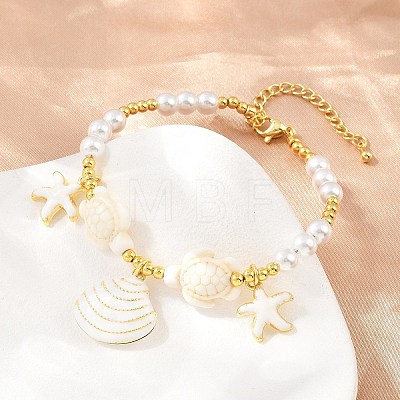 Ocean Brass Enamel Starfish Shell Shape Charm Bracelets for Women KK-CBA68DA-16G-02-1