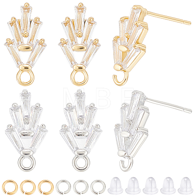 8 Pairs 2 Color Flower Shape Brass Cubic Zirconia Stud Earring Findings KK-CN0003-21-1