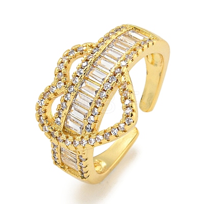 Rack Plating Brass Micro Pave Cubic Zirconia Heart Open Cuff Ring for Women RJEW-C082-09G-1