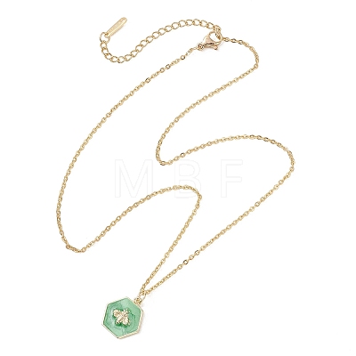 Brass Enamel Green Hexagon with Bee Pendant 304 Stainless Steel Cable Chain Necklaces for Women NJEW-JN05994-1