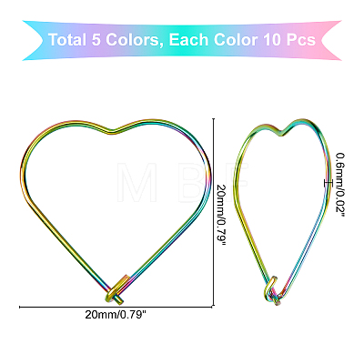   50Pcs 5 Colors Heart 304 Stainless Steel Hoop Earring Findings STAS-PH0001-59-1