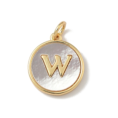 Brass Pave Natural Shell Flat Round with Letter Charms KK-Z115-13G-W-1