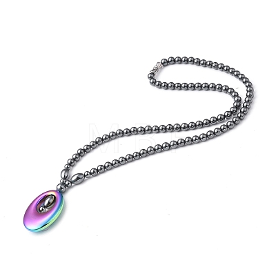 Synthetic Non-magnetic Hematite Oval Pendant Necklace with Beaded Chains for Women NJEW-F307-01-1