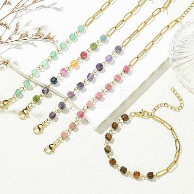 Cube Natural Gemstone Beads Link Bracelets BJEW-JB13903-1