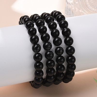 Natural Obsidian Beaded Stretch Bracelets X-BJEW-Q692-12-8mm-1