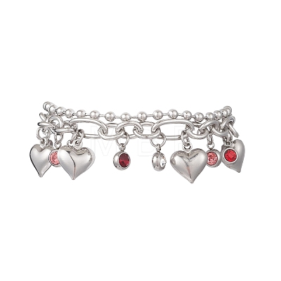 Heart 304 Stainless Steel Figaro & Ball Chains Double Layers Bracelets BJEW-JB13177-01-1