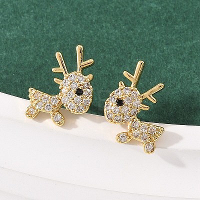 Brass Micro Pave Clear Cubic Zirconia Deer Stud Earrings EJEW-F400-27A-G-1
