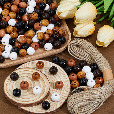 200Pcs 4 Colors Spray Painted Round Natural Schima Wood Beads WOOD-PA0001-73D-1