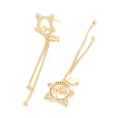 Clear Cubic Zirconia Cat and Fish with Long Tassel Dangle Stud Earrings EJEW-K090-02G-1