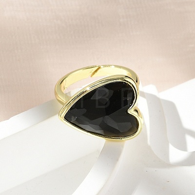 Heart Brass Natural Obsidian Finger Rings RJEW-D304-01G-G-1