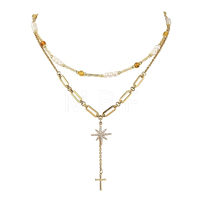 Natural Amber and Pearl Beaded Double Layered Necklaces NJEW-JN06685-1